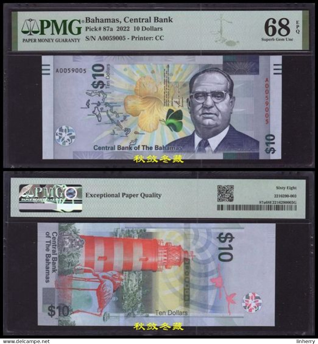 Bahamas 10 Dollars 2022, Hybrid, A Prefix, PMG68 - Bahamas