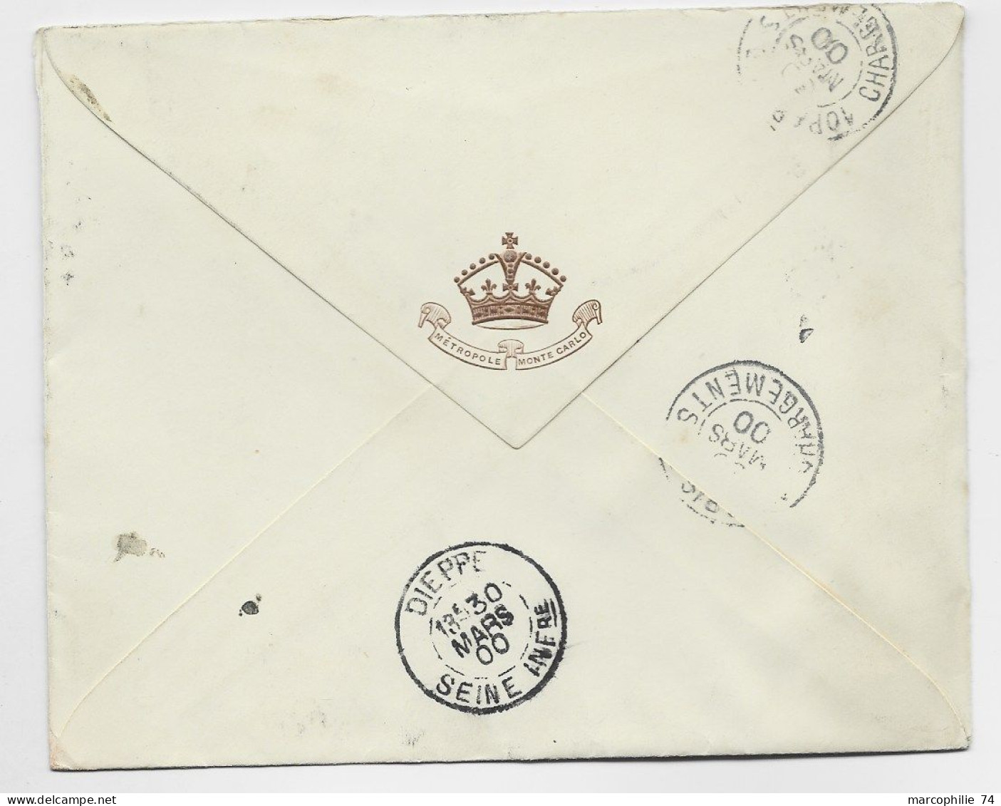 MONACO 40C SEUL BELLE ENVELOPPE COVER ENTETE THE HOTEL METROPOLE MONTE CARLO 29 MARS 1900 POUR DIEPPE - Lettres & Documents