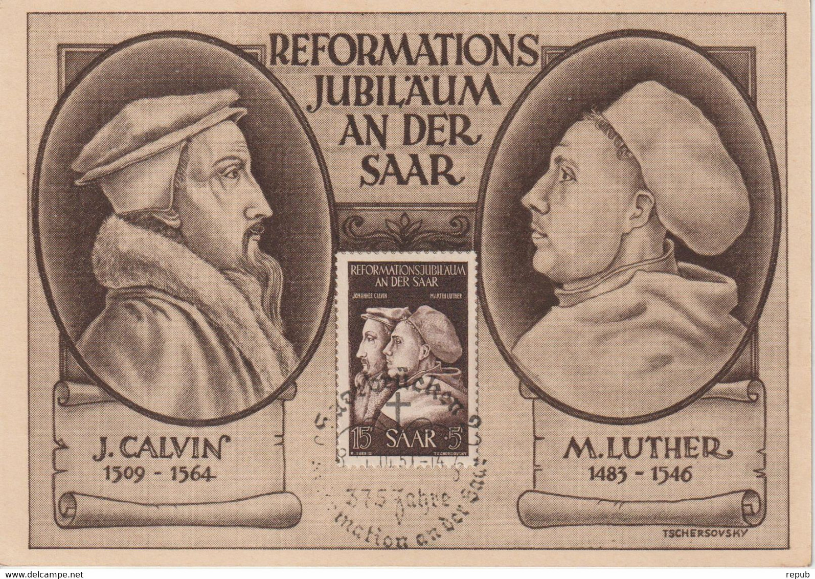 Sarre Carte Maximum 1951 Calvin Et Luther 295 - Maximumkaarten