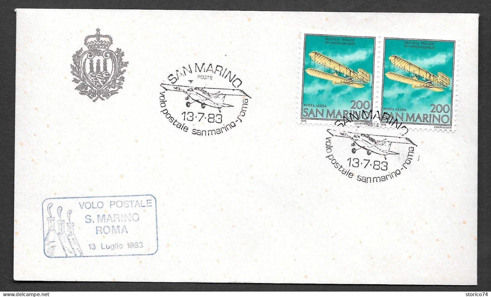 13.7.1983 SAN MARINO BUSTA VOLO POSTALE S. MARINO - ROMA CON ANNULLO SPECIALE FIGURATO - Lettres & Documents