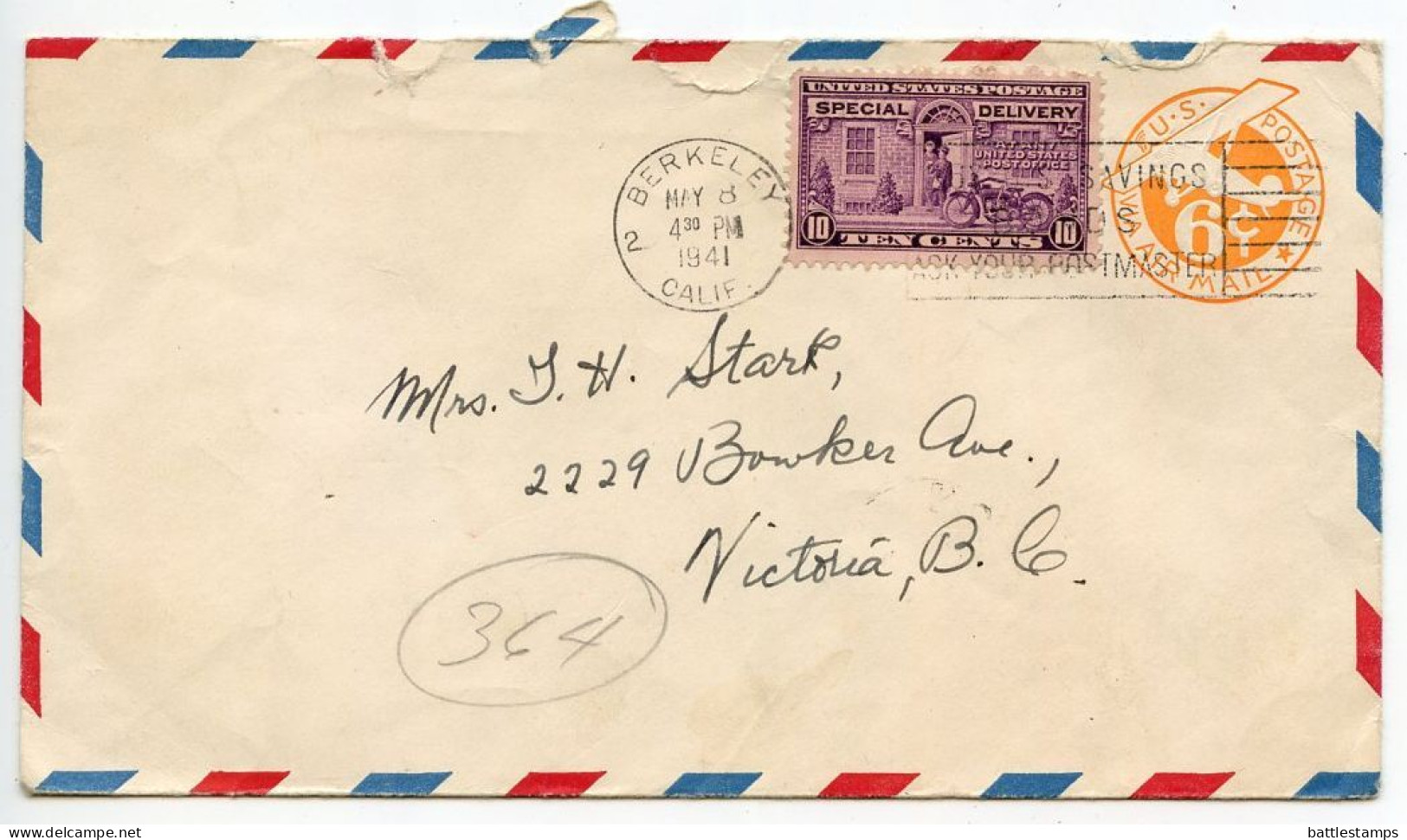 United States 1941 Scott UC3 6c Air Postal Envelope W/ Scott E15a; Berkeley, California To Victoria, B.C., Canada - 1941-60