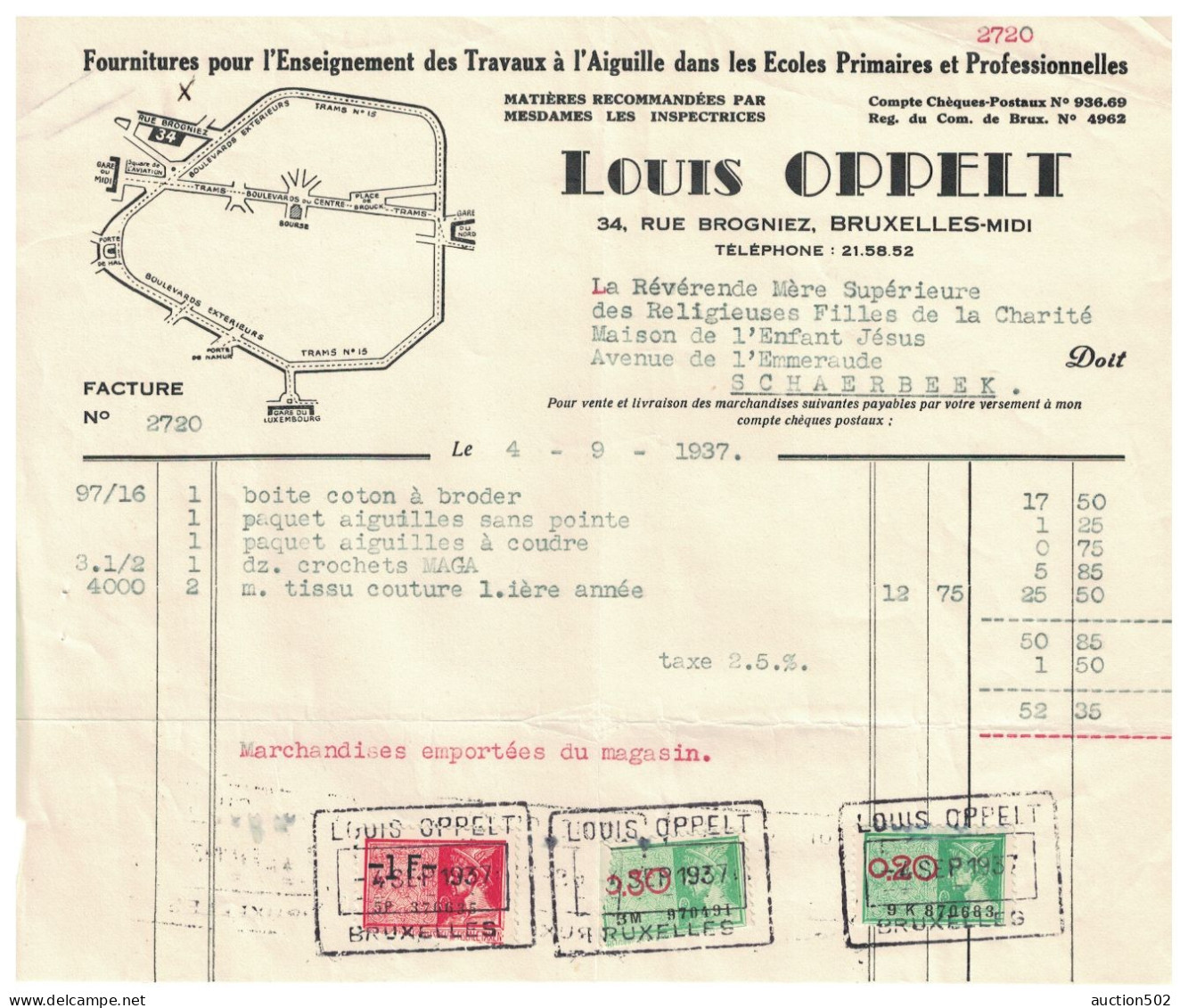 Facture 1937 Bruxelles Louis Oppelt Fournitures Pour L'Enseignement Des Travaux à L'Aiguille + TP Fiscaux - Artigianato