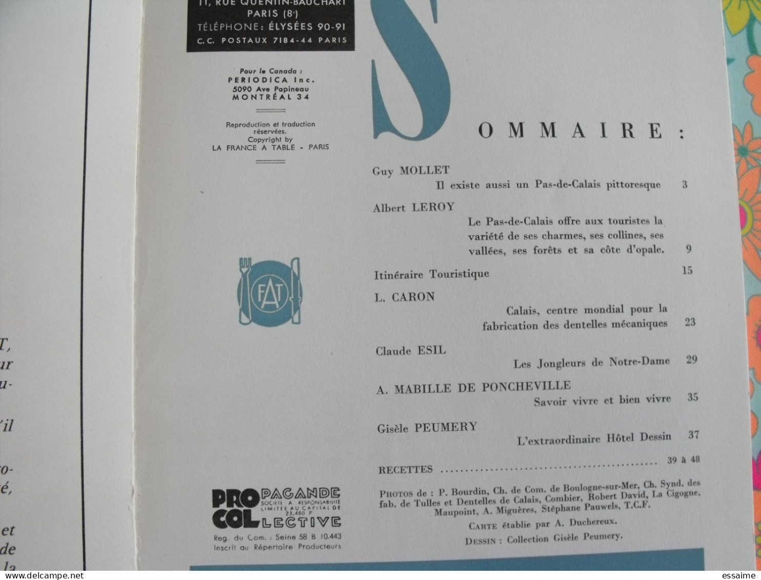 La France à Table N° 110. 1964. Pas-de-Calais. Arras Hesdin Touquet Calais Béthune Olhain Boulogne Berck. Gastronomie - Tourismus Und Gegenden