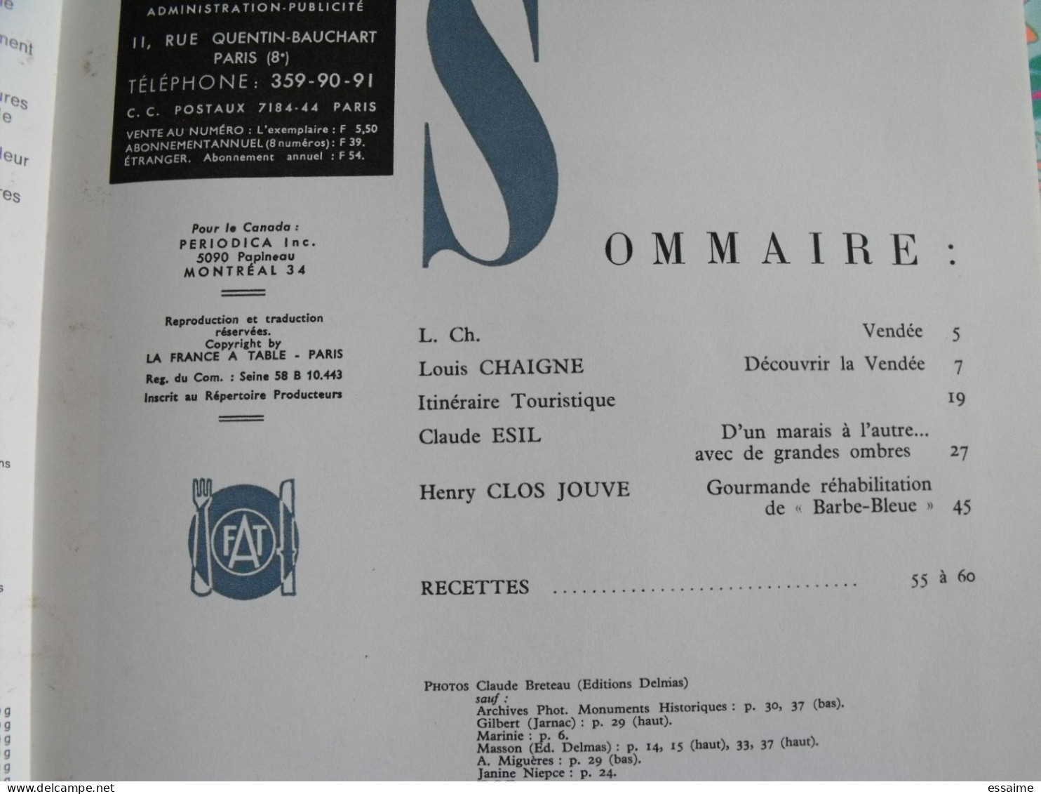 La France à Table N° 171. 1973. Vendée. Roche Sur Yon Noirmoutier Yeu Sion Talmont Luçon Maillezais Réaumur. Gastronomie - Tourismus Und Gegenden