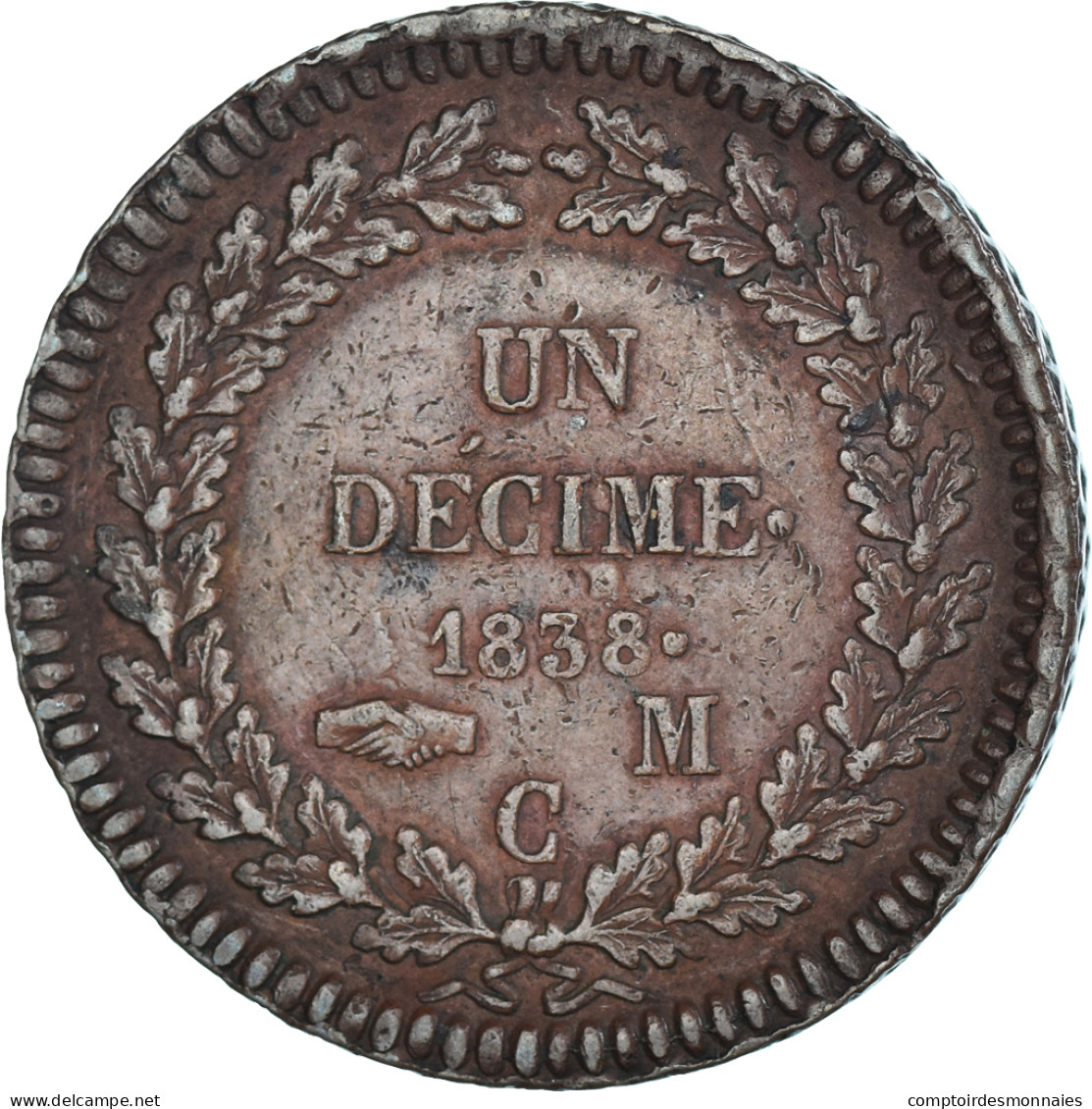 Monnaie, Monaco, Honore V, 1 Décime, 1838, Monaco, Petite Tête, TTB, Bronze - Charles III.