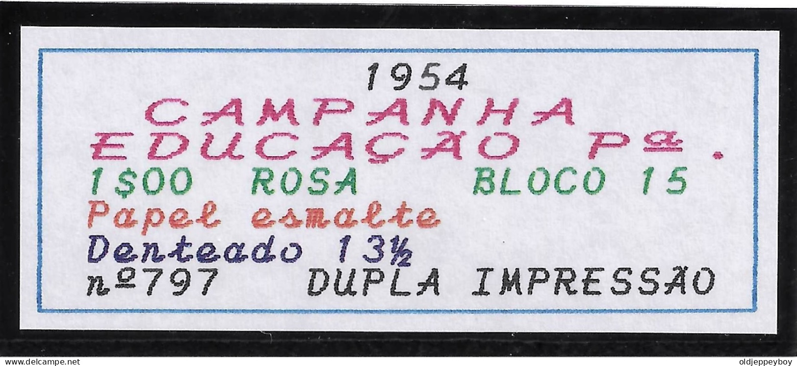 ERROR VARIETY PORTUGAL 1954 CAMPANHA EDUCAÇÃO 1$00 BLOCK PERF 13 1/2 DOUBLE IMPRESSION DUPLA IMPRESSAO EXTRA RARE MNH** - Neufs