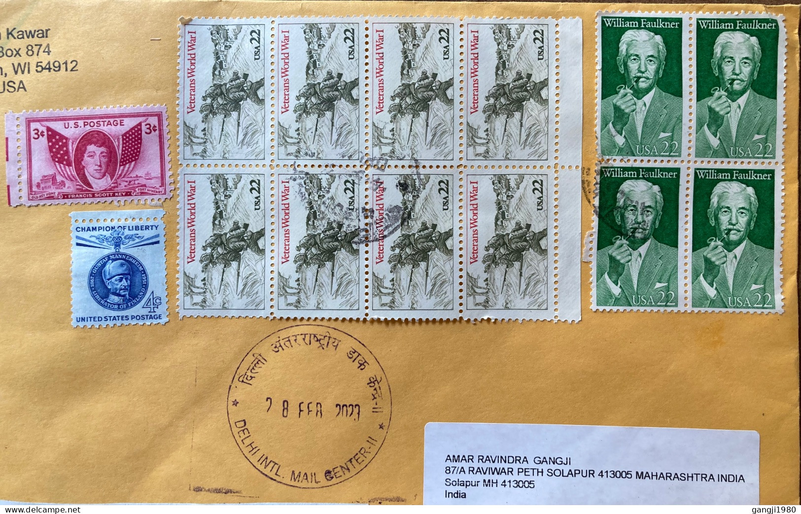 USA 2023, COVER USED TO INDIA, WORLD WAR -1, WILLIAM FAULKNER, FRANCIS SCOT KEY, MULTI 14 STAMP, DELHI CITY CANCEL. - Covers & Documents