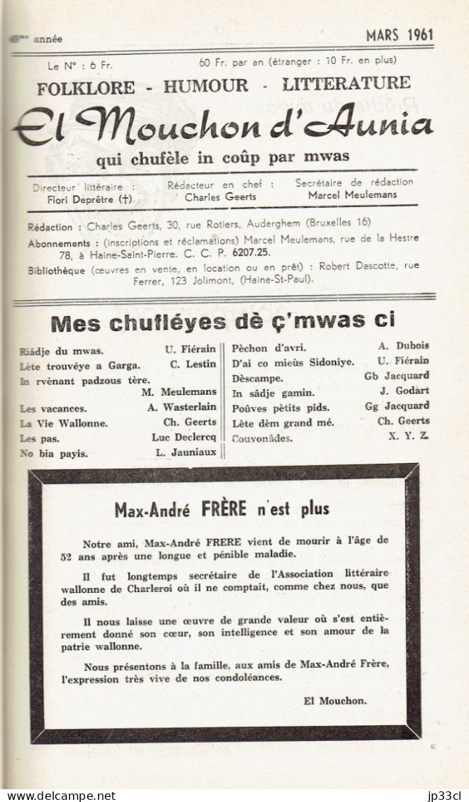 El Mouchon D'Aunia Année 1961 M. Meulemans R. Dascotte U. Fiérain A. Dubois H. Duval L. Declercq J. Godart L. Jauniaux - Sonstige & Ohne Zuordnung