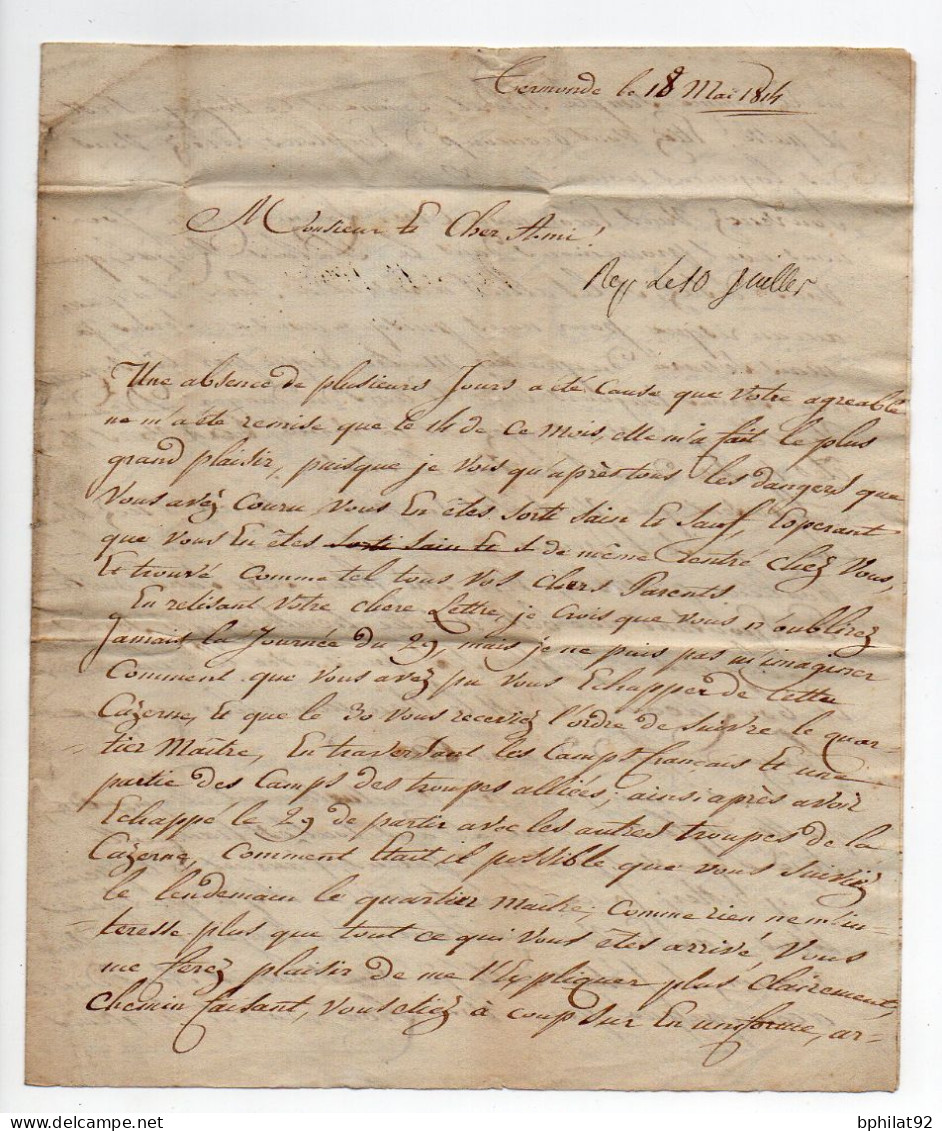 !!! UTILISATION TARDIVE (18/5/1814) DE LA MARQUE FRANCAISE 92 TERMONDE SUR LETTRE POUR BOURG DE PEAGE - 1814-1815 (Generaal Gouv. België)