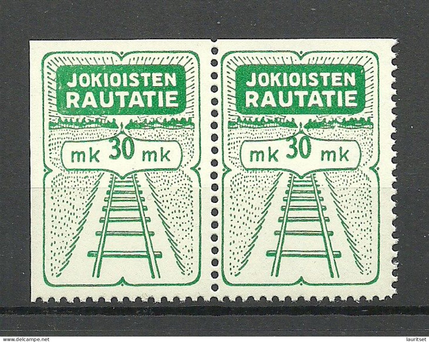 FINLAND FINNLAND 1950 JOKIOISTEN Railway Packet Stamp 30 MK Pair From Sheet Corner MNH - Paketmarken