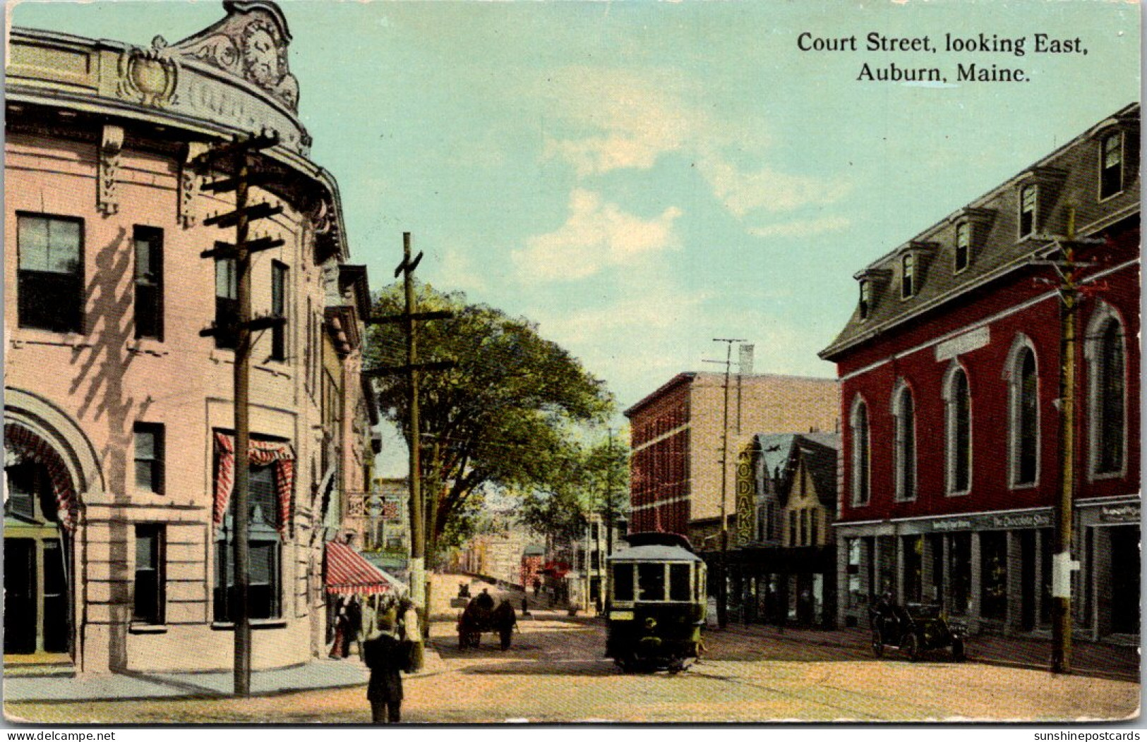 Maine Auburn Trolley On Court Street Looking East Curteich - Auburn