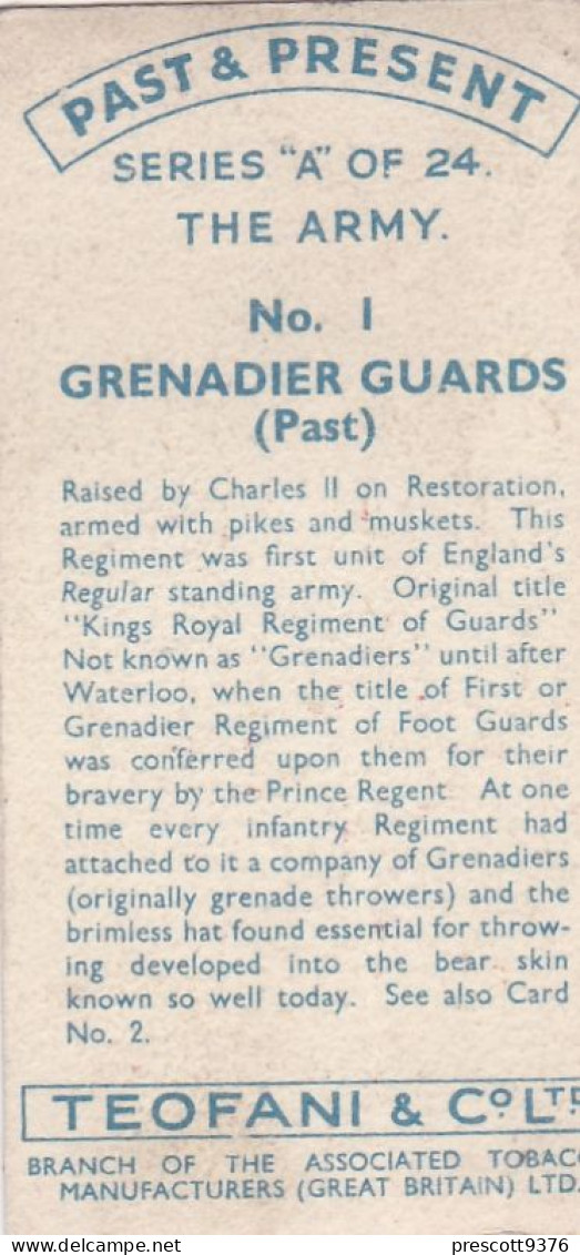 Past & Present, The Army 1936 - 1 Grenadier Guards - Teofani Cigarette Card - Ogden's