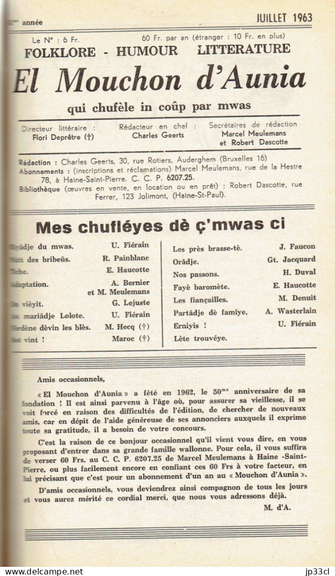 El Mouchon d'Aunia année 1963 U Fiérain M. Meulemans G Jacquard H. Duval A Wasterlain E. Haucotte G. Lejuste A. Bernier