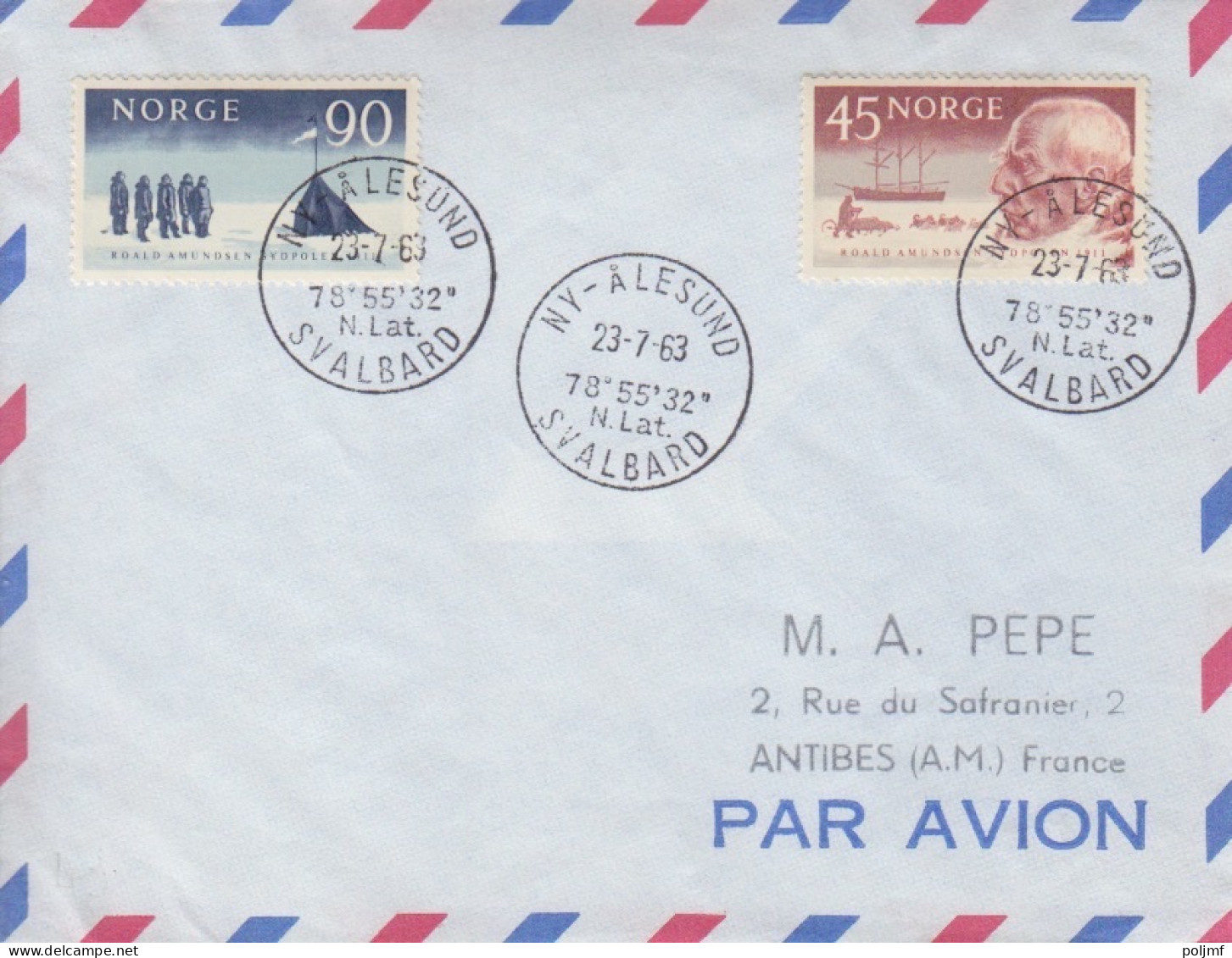 2 Lettres Par Avion Obl. Ny Alesund Le 23/7/63 Sur N° 376, 377, 378 (AGI), 419, 420 (Admunsen) - Storia Postale
