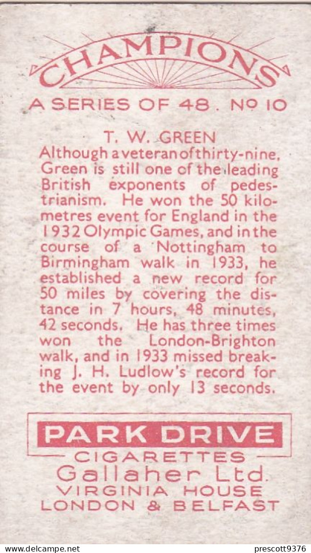 10 T Green, Walking - Champions 2nd Series 1935 - Gallaher Cigarette Card - Gallaher