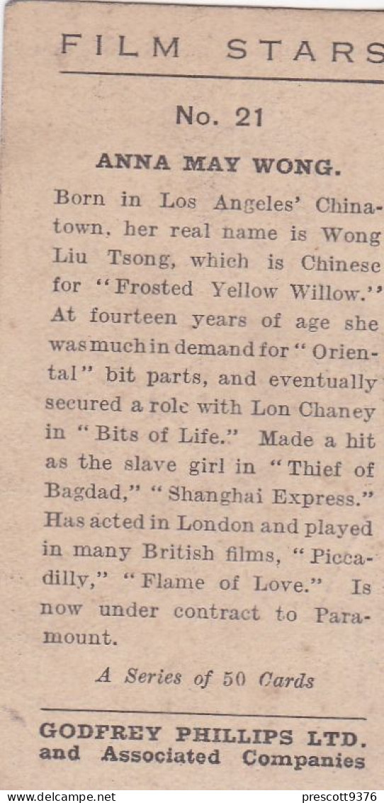 Film Stars 1935  - 21 Anna May Wong  - Phillips Cigarette Card - Original - - Phillips / BDV