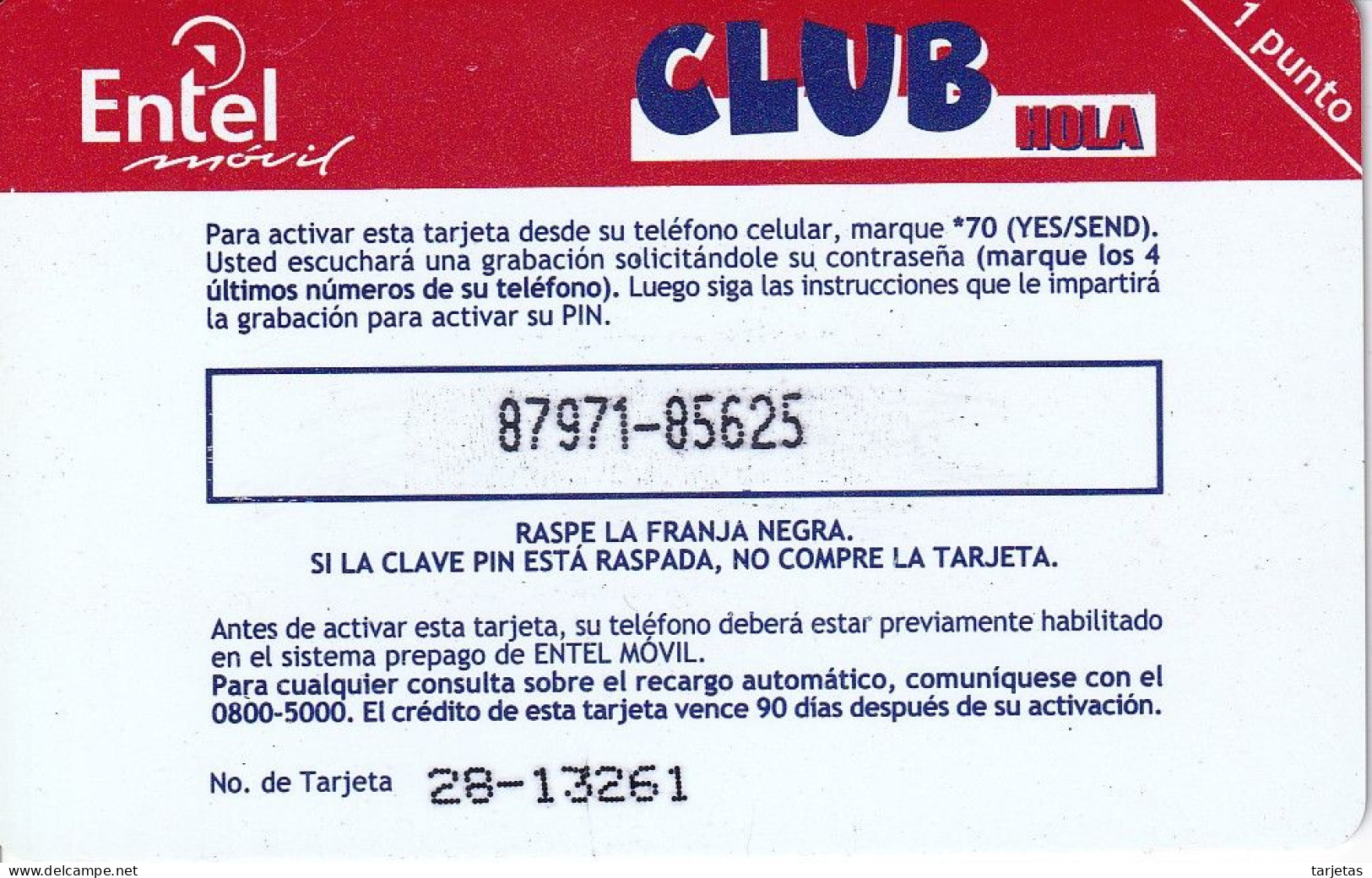 TARJETA DE BOLIVIA DE Bs 50 DE ENTEL - CLUB HOLA - 1 PUNTO - Bolivië