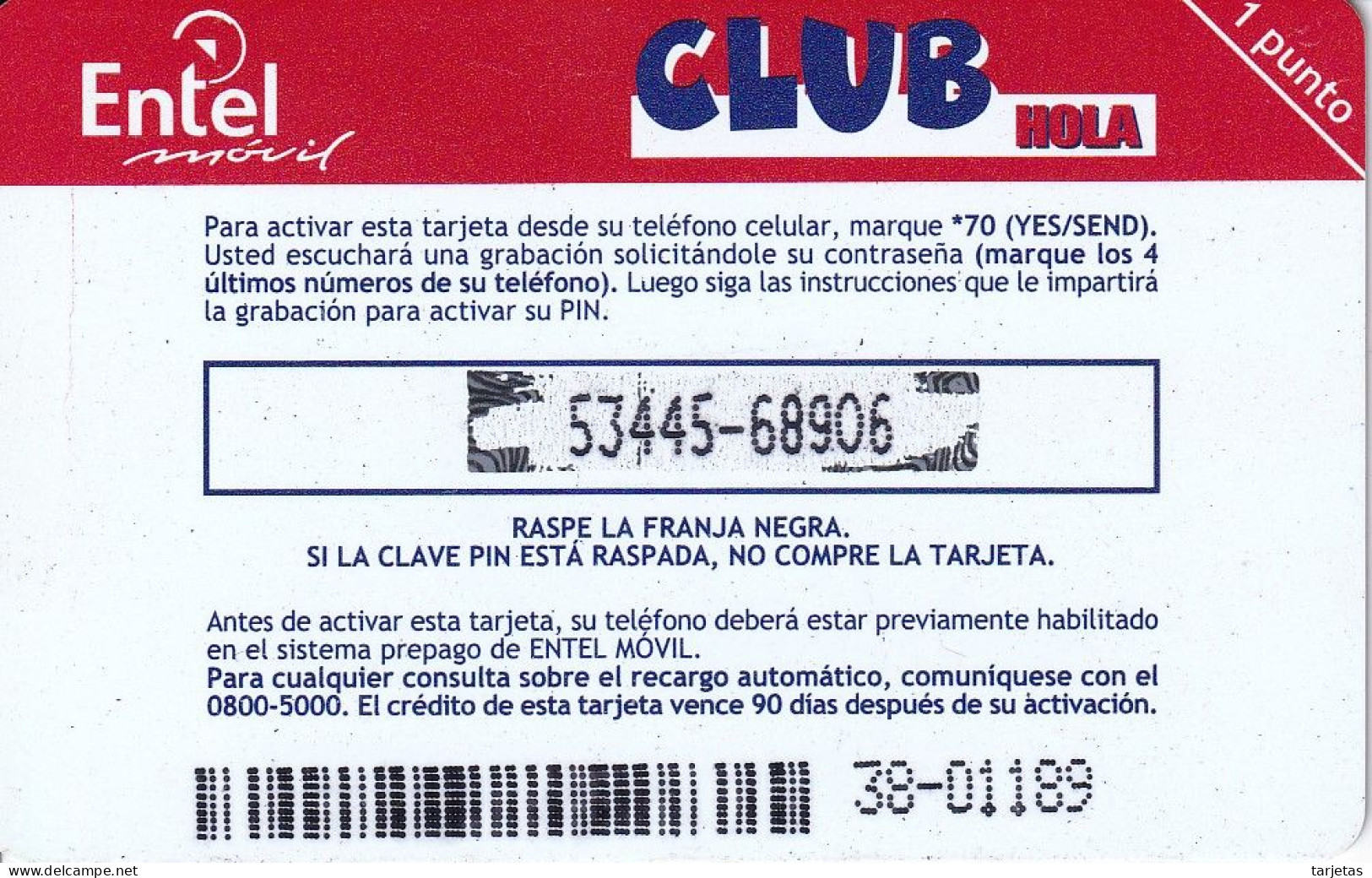 TARJETA DE BOLIVIA DE Bs 50 DE ENTEL - CLUB HOLA - 1 PUNTO CON CODIGO DE BARRAS - Bolivië