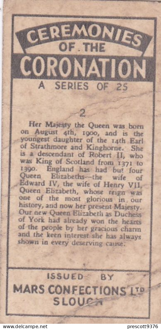 Ceremony Of The Coronation 1937  - 2 Queen Elizabeth (Queen Mother)  - Mars Trade Card - Original - - Phillips / BDV