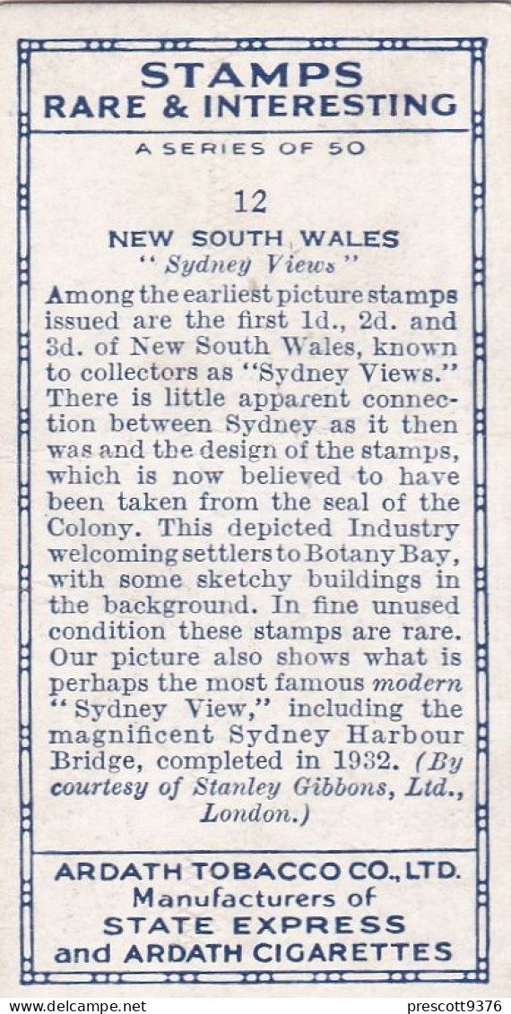 Stamps Rare & Interesting - 12 Sydney Viewa, Australia - Ardath Cigarette Card - Phillips / BDV