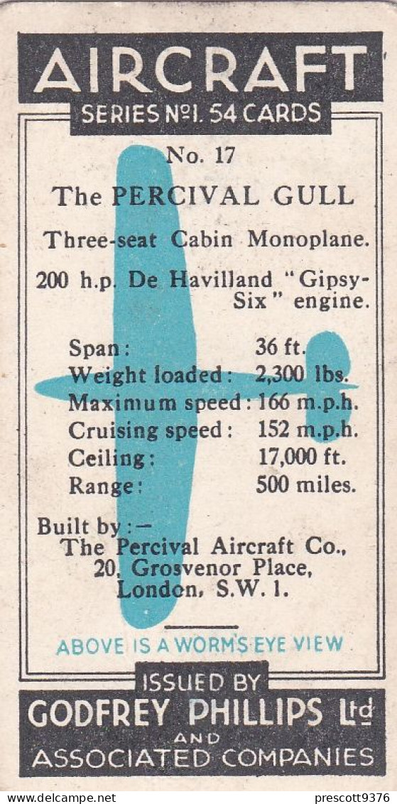 17 The Percival Gull - Aircraft Series 1938 - Godfrey Phillips Cigarette Card - Original - Military - Phillips / BDV