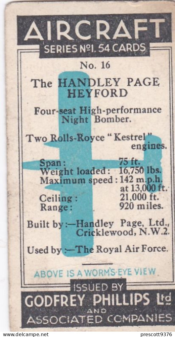 16 Handley Page Heyford, Bomber - Aircraft Series 1938 - Godfrey Phillips Cigarette Card - Original - Military - Phillips / BDV