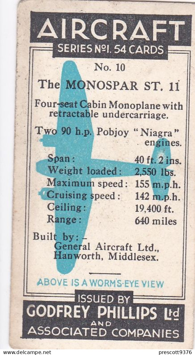10 Monospar ST II - Aircraft Series 1938 - Godfrey Phillips Cigarette Card - Original - Military - Phillips / BDV