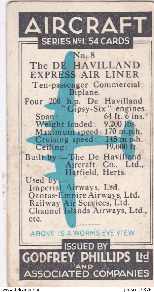 8 De Havilland Express Airliner - Aircraft Series 1938 - Godfrey Phillips Cigarette Card - Original - Military - Phillips / BDV
