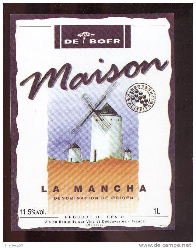 Etiquette De Vin La Mancha - Maison - Vins Et Découvertes à Montreuil Bellay  (49) - Thème Moulin à Vent - Moulins à Vent