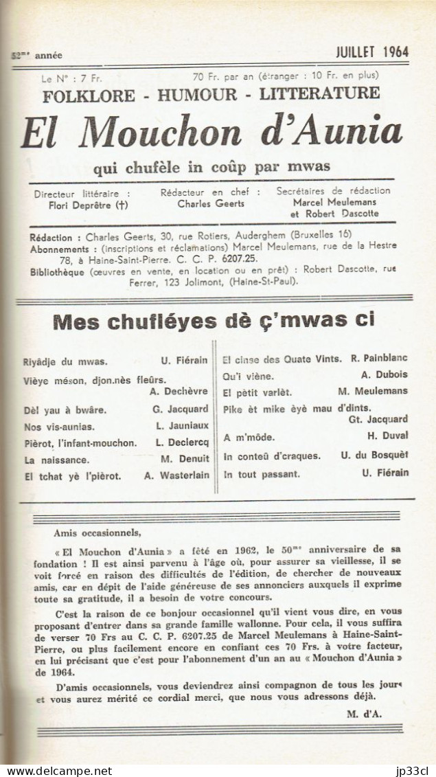 El Mouchon d'Aunia année 1964 U. Fiérain M. Meulemans Jacquard H. Duval A. Wasterlain A. Dechèvre M. Denuit G. Lejuste