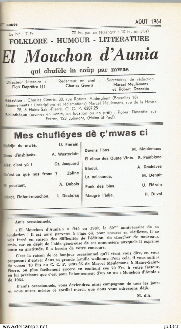 El Mouchon d'Aunia année 1964 U. Fiérain M. Meulemans Jacquard H. Duval A. Wasterlain A. Dechèvre M. Denuit G. Lejuste