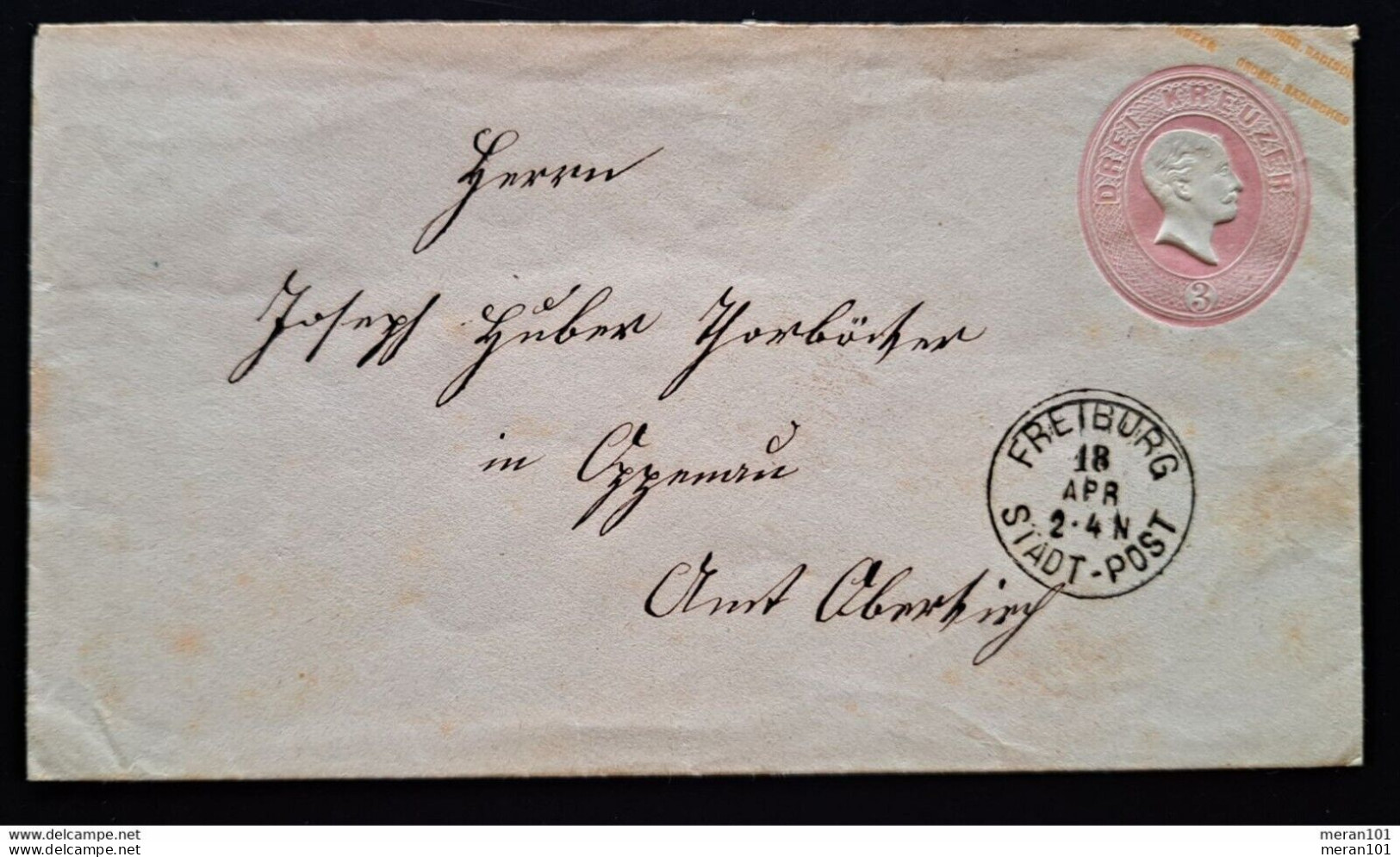 Baden, Umschlag 3 Kr. FREIBURG STADT-POST Gelaufen OPPENAU - Postal  Stationery