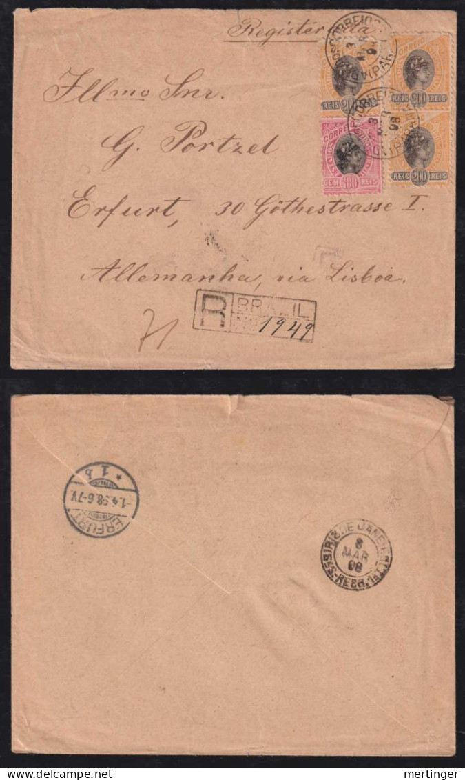 Brazil Brasil 1898 Registered Cover 3x200R + 100R Madrugada PARANA X ERFURT Germany Via RIO - Storia Postale