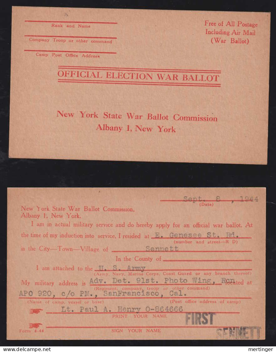 Australia 1944 APO 920 War Ballot Stationery To NEW YORK USA - Briefe U. Dokumente