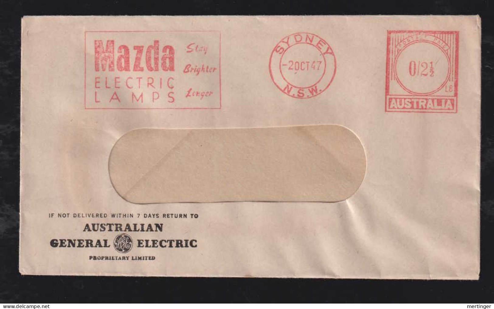 Australia 1947 Meter Cover 2½p SYDNEY Advertising General Electric + MAZDA Meter - Storia Postale