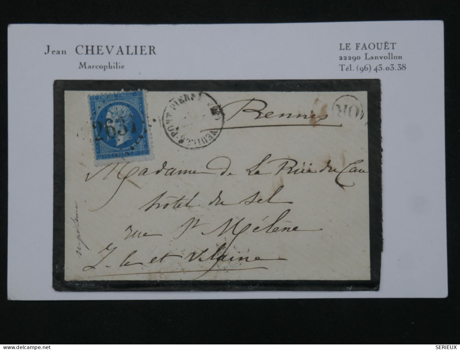 BR16 FRANCE BELLE LETTRE 1865 PETIT BUREAU PORT PIERRE A RENNES + NAPOLEON N° 22+O.R. AFF. PLAISANT+++ - 1862 Napoléon III