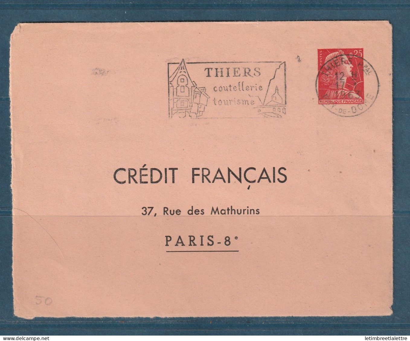 France - Enter Postal - Marianne De Muller - Timbré Sur Commande Du Crédit Français - Thiers Coutellerie - 1963 - Enveloppes Types Et TSC (avant 1995)