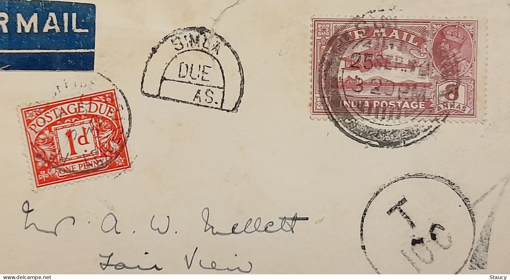 India 1933 8a KGV STAMPED & SIMLA POSTAGE DUE, UK 1d Paid Stamped MIX FRANKING Air Mail COVER To ENGLAND As Per Scan - Poste Aérienne