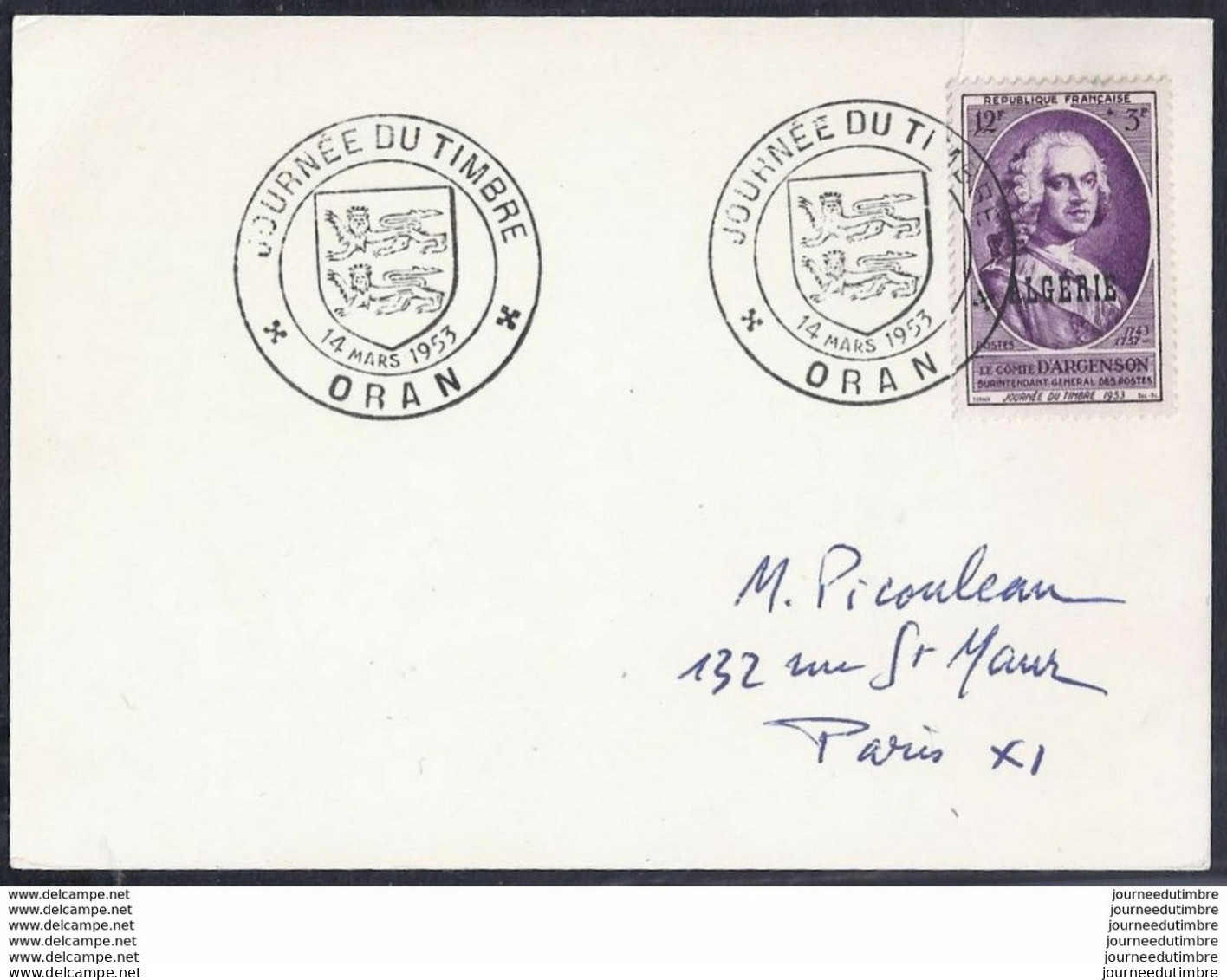 Enveloppe Locale Journee Du Timbre 1953 Oran - FDC