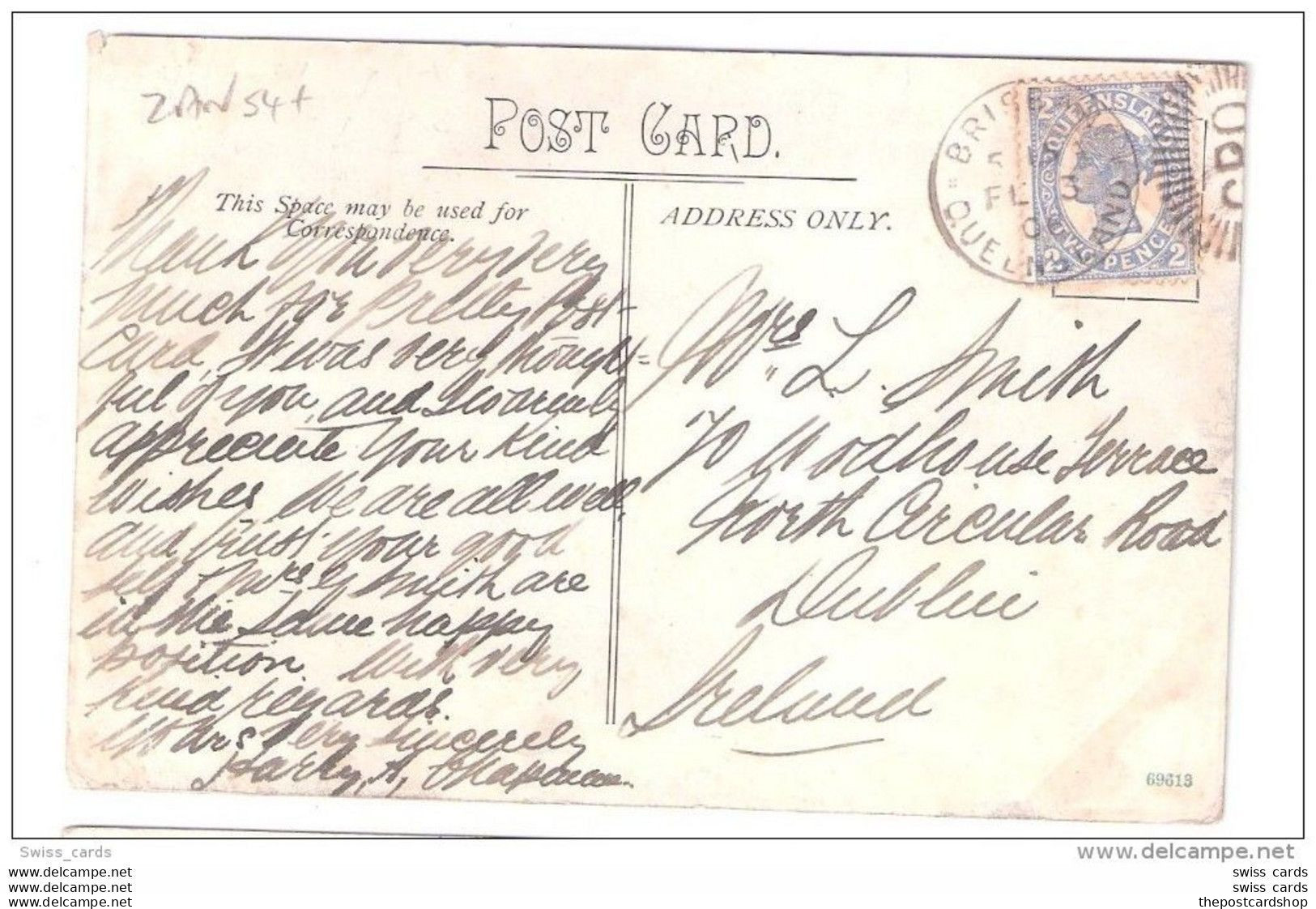 Queensland 2d Blue Stamp On Pc Sent To DUBLIN Ireland Brisbane Postmark 1906 POSTCARD - Brisbane