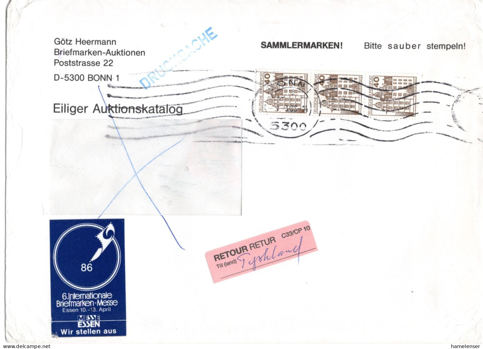 L65581 - Bund - 1986 - 3@40Pfg B&S A DrucksBf BONN -> Schweden, Als "unbekannt" Zurueck - Lettres & Documents