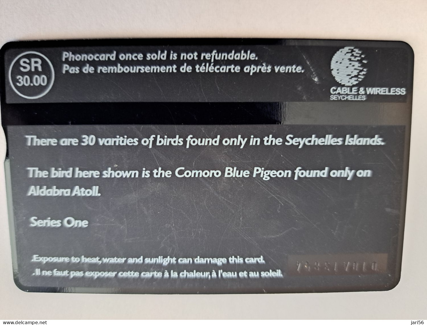 SEYCHELLES 30 Units  L&G   COMORO BLUE PIGEON BIRD  CONTROL 010A   Fine Used Card  **   ** 13279  ** - Seychelles