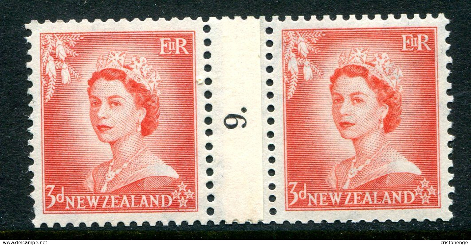 New Zealand 1953-59 QEII Definitives - Coil Pairs - 3d Vermilion - No. 9 - LHM (SG Unlisted) - Neufs