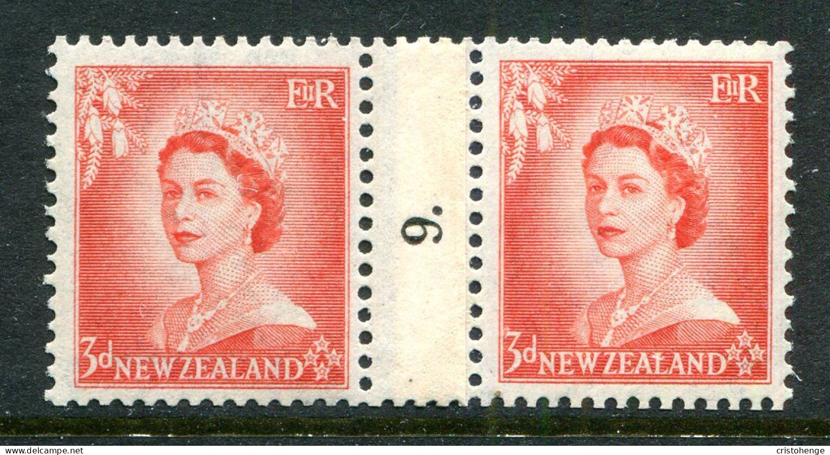 New Zealand 1953-59 QEII Definitives - Coil Pairs - 3d Vermilion - No. 9 - LHM (SG Unlisted) - Neufs
