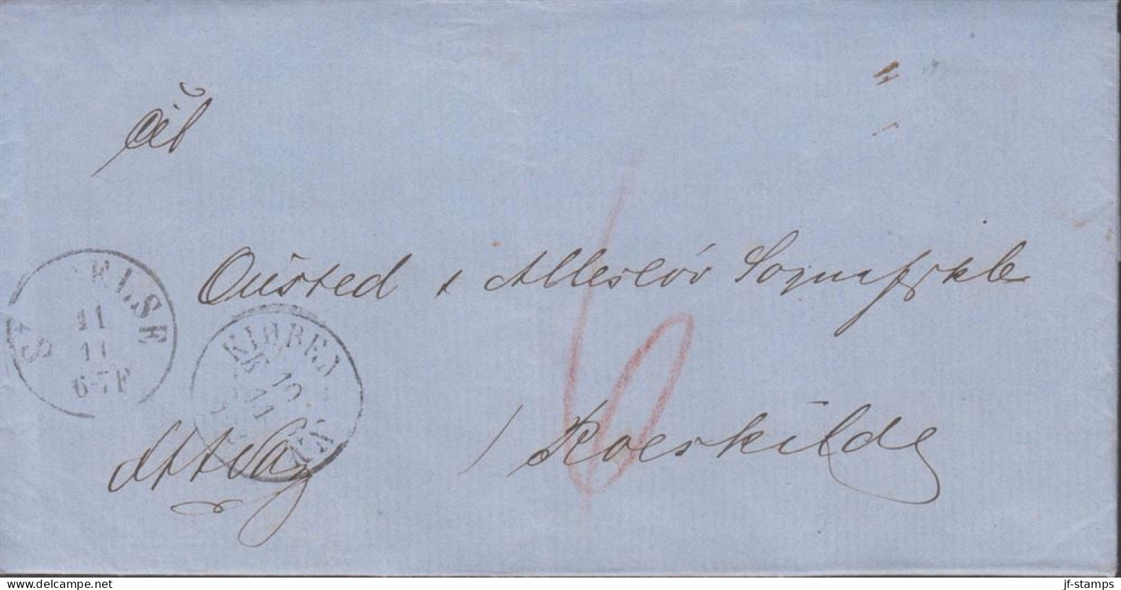 1866. DANMARK. KJØBENHAVN 10 11 + SLAGELSE 11 11  On Official Cover To Ousted Og Allersløv ? Sogneråd Pr. ... - JF439837 - ...-1851 Préphilatélie