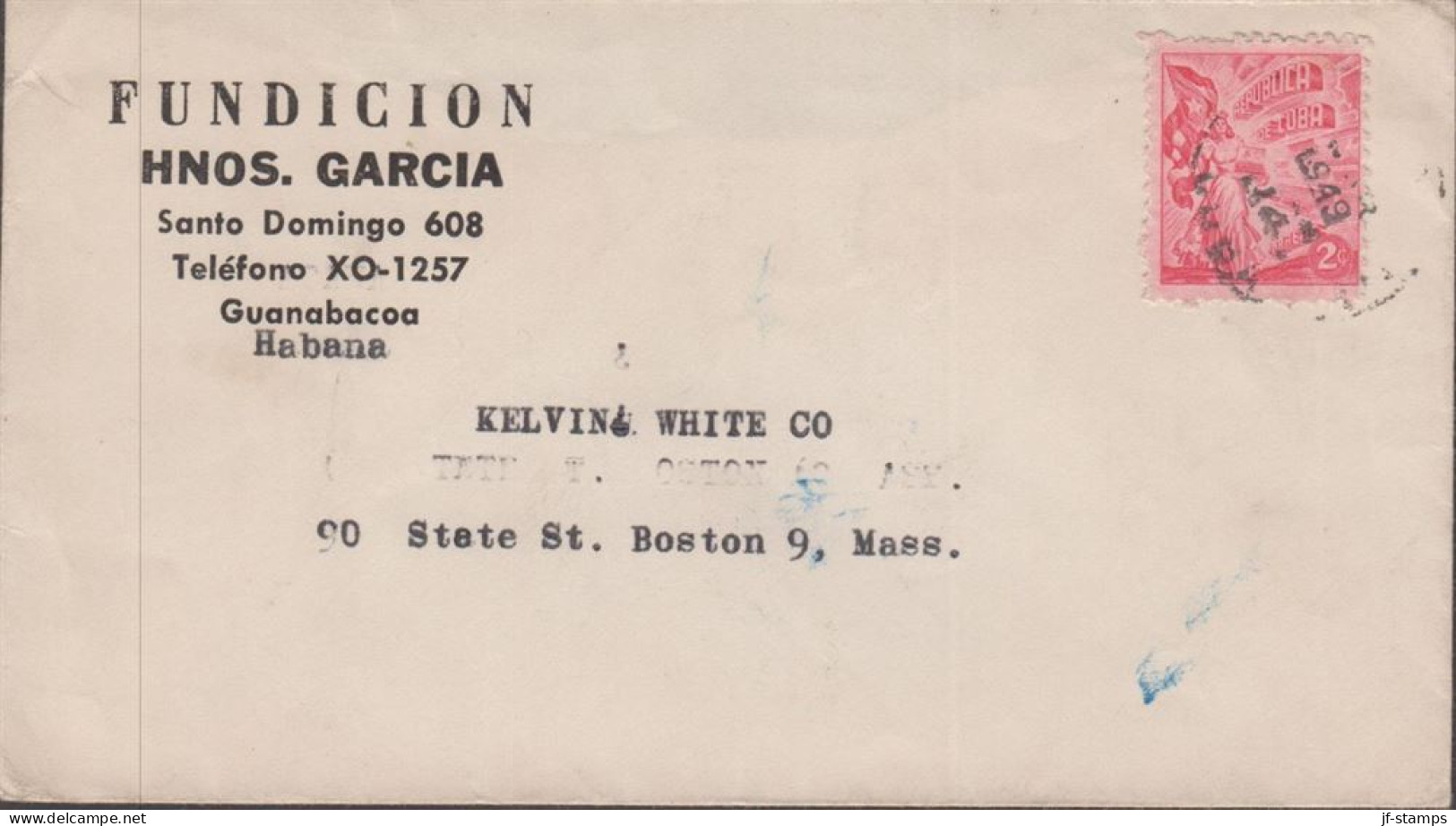 1949. CUBA. Cover To Boston, Mass, USA With 2  C Tobacco-motive Cancelled 1949. Sender FUNDIC... (Michel 227) - JF438176 - Covers & Documents