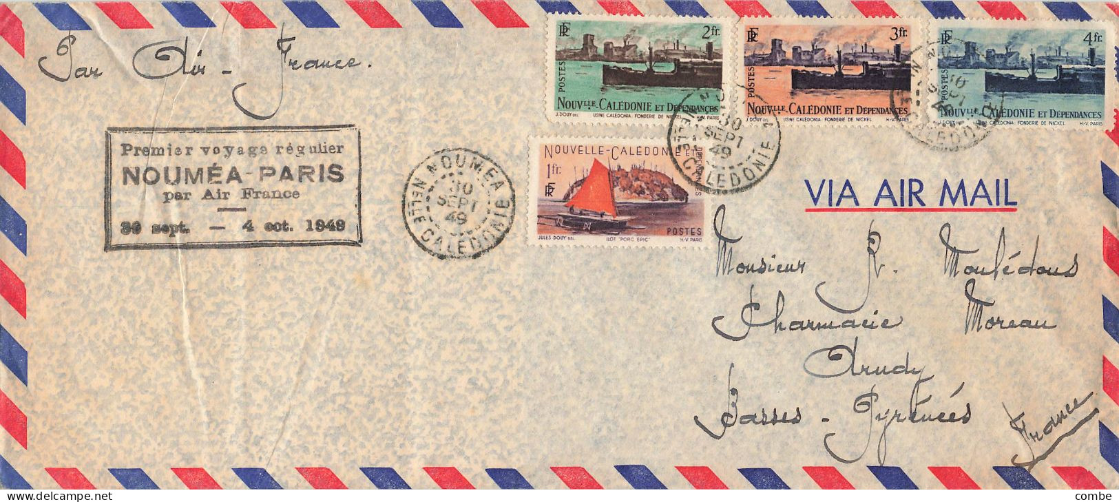 LETTRE. NOUVELLE CALEDONIE. NOUMEA 1949. PAR AVION. 1° VOYAGE REGULIER NOUMEA-PARIS - Cartas & Documentos