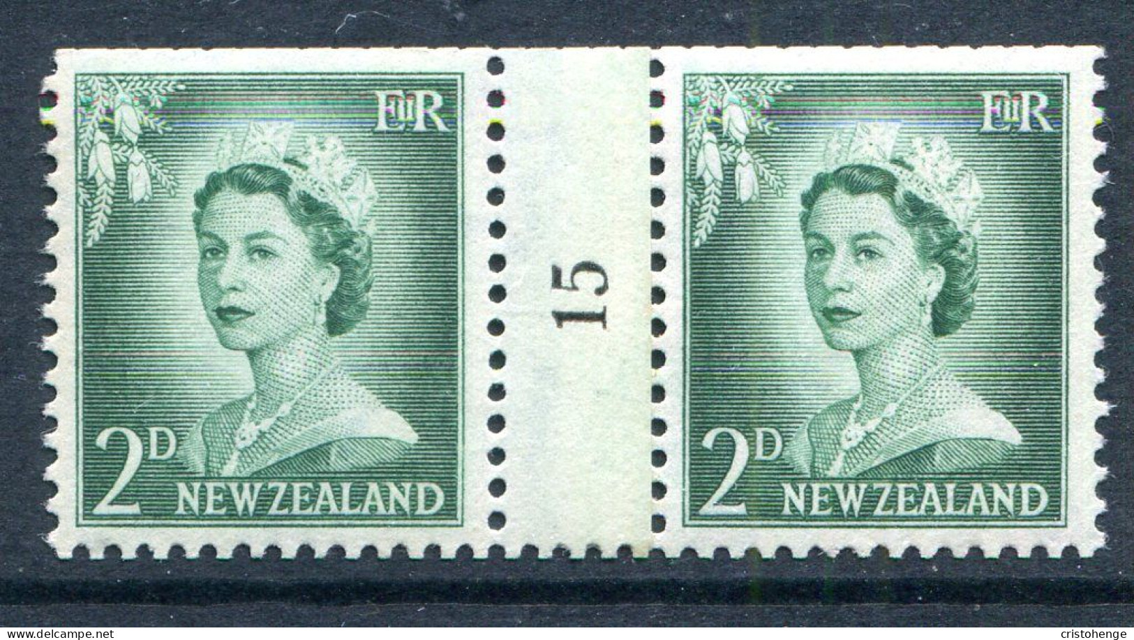 New Zealand 1955-59 QEII Large Figure Definitives - Coil Pairs - 2d Bluish-green - No. 15 - LHM - Ungebraucht