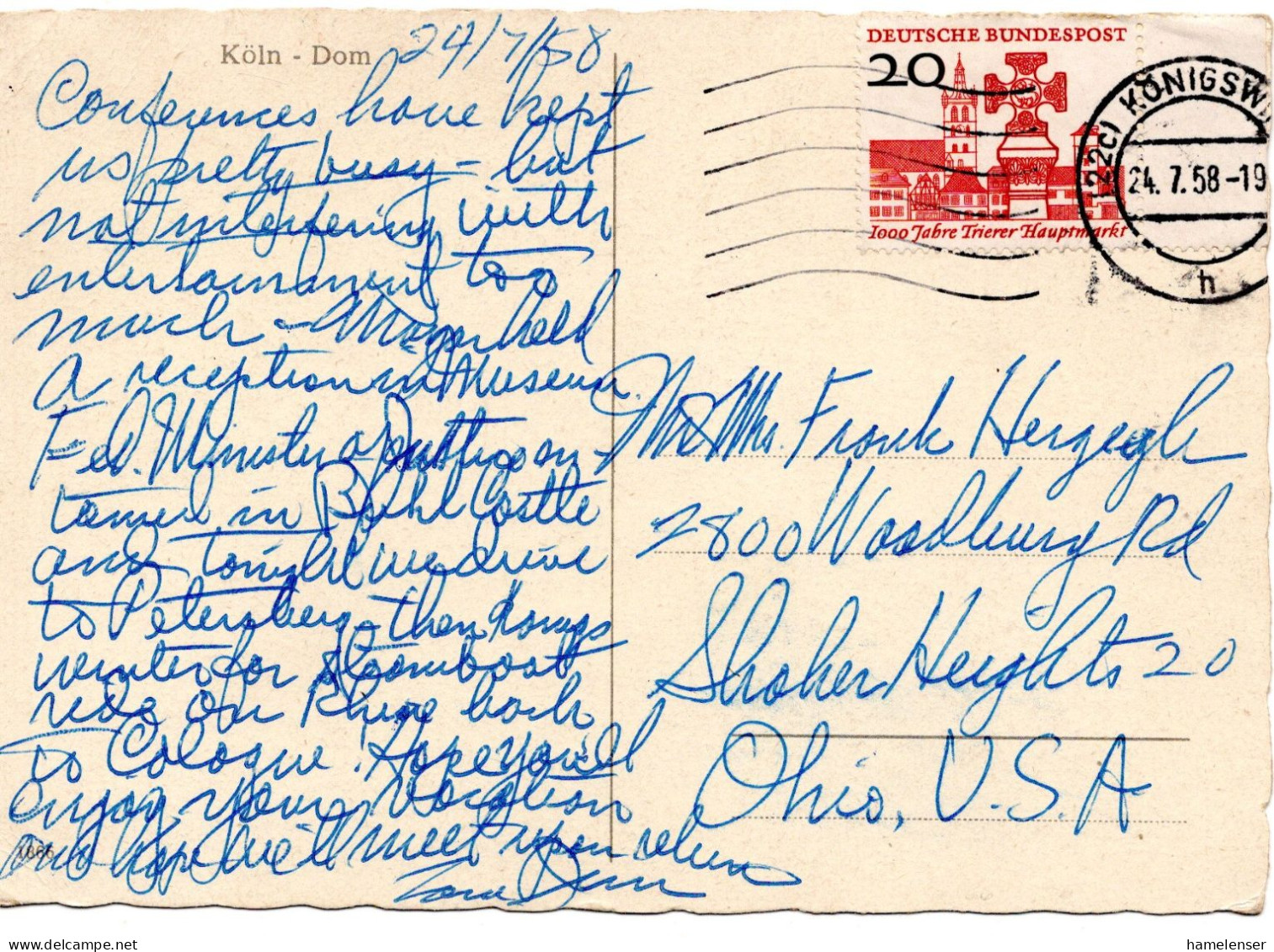 65730 - Bund - 1958 - 20Pfg Trier EF A AnsKte KOENIGSWINTER -> Shoher Heights, OH (USA) - Covers & Documents