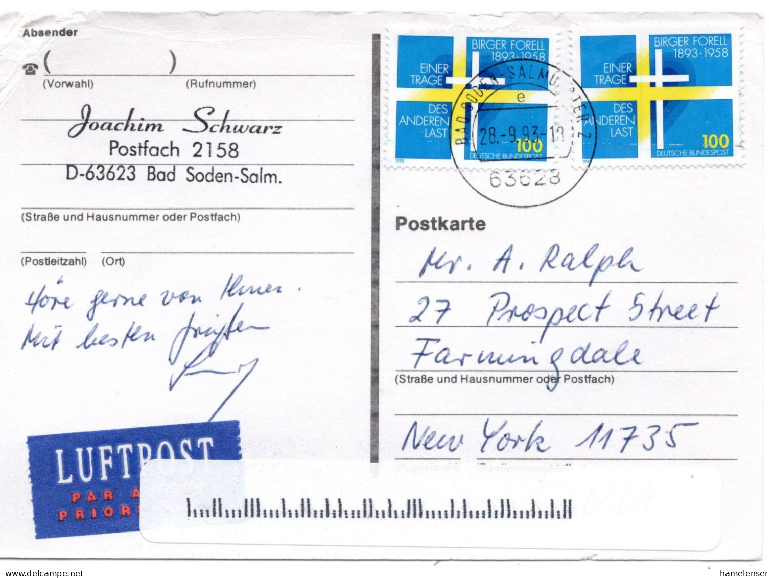 65734 - Bund - 1993 - 2@100Pfg Forell A LpKte BAD SODEN -> New York, NY (USA) - Covers & Documents